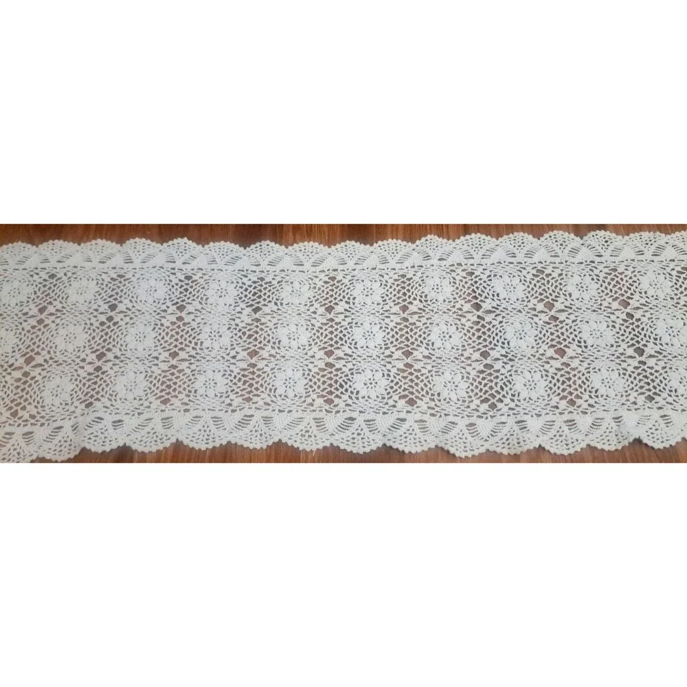 White Crochet Knit Table Runner 64x12 Floral Daisy Long Handmade Country Cottage